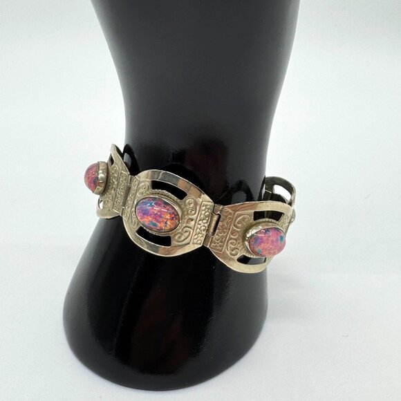 Vintage 1970s Silver 925 Panel Bracelet Faux Opal Beads Cabochons Mexico - Picture 10 of 14